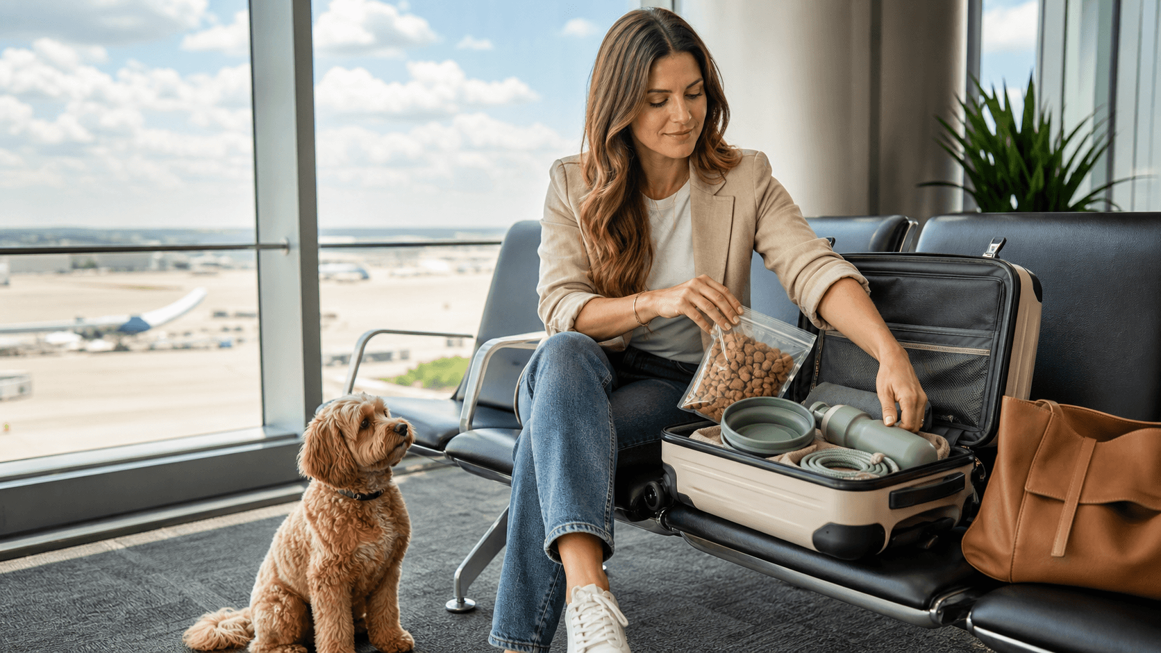 Air-dried dog food pouches, a travel bowl, and leash arranged beside a suitcase in warm natural light.