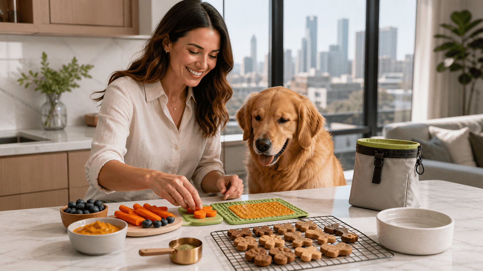 Golden retriever beside a blue food bowl, surrounded by treats and supplements on a bright kitchen floor.