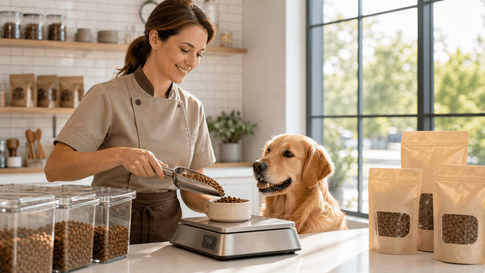 Golden retriever sniffing a bowl of brown kibble on a kitchen floor, warm sunlight streaming through a window