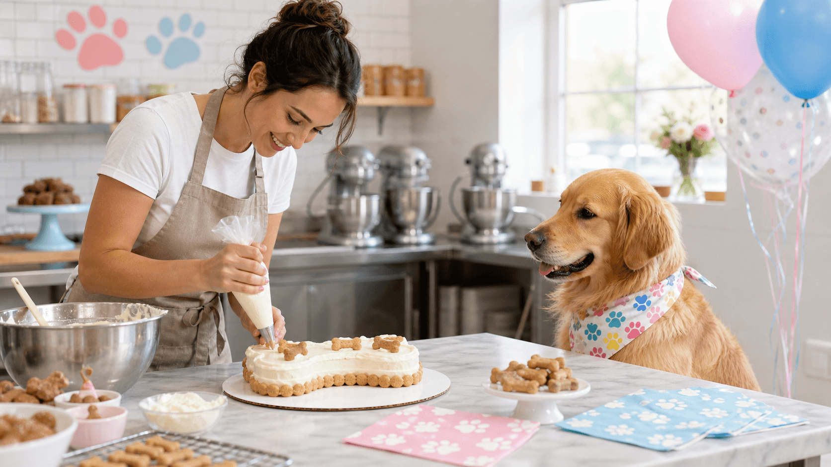 Colorful dog-safe birthday cake topped with bone biscuits on a table, pastel balloons and warm party lights behind.
