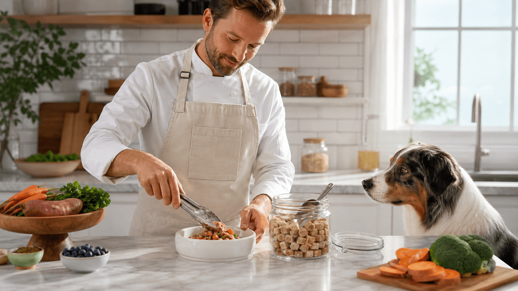 Split-screen dog bowl with warm cooked chunks on one side and pale freeze-dried nuggets on the other, on a light table.