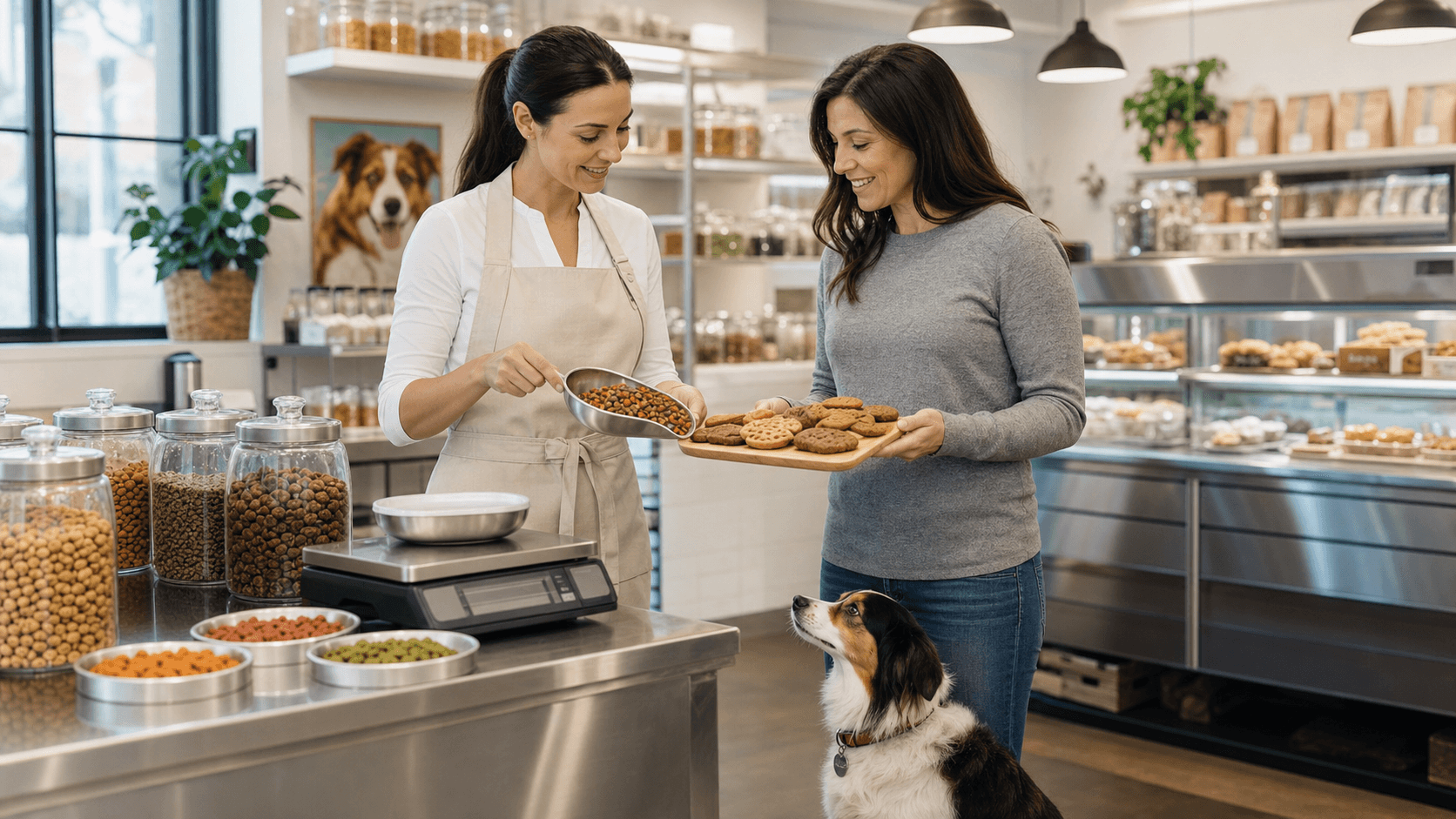Smiling dog and cat beside bowls of kibble and vegetables on a sunlit kitchen counter, with a Dallas skyline backdrop.
