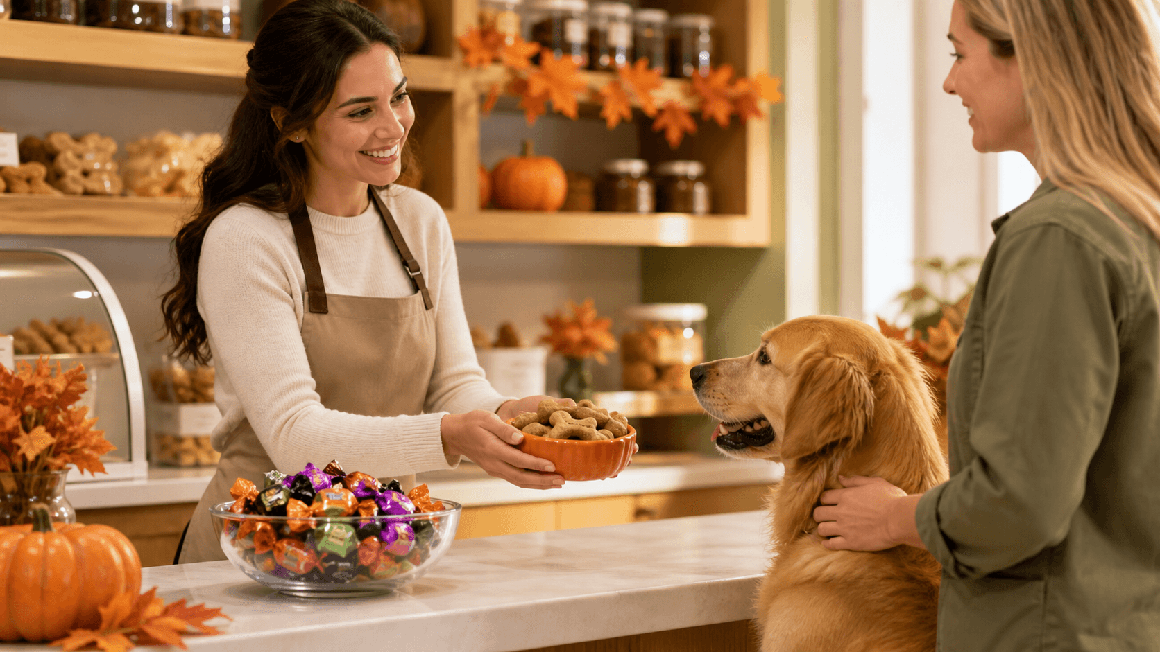 Golden dog treats and colorful Halloween candy arranged on a wooden table with autumn leaves.