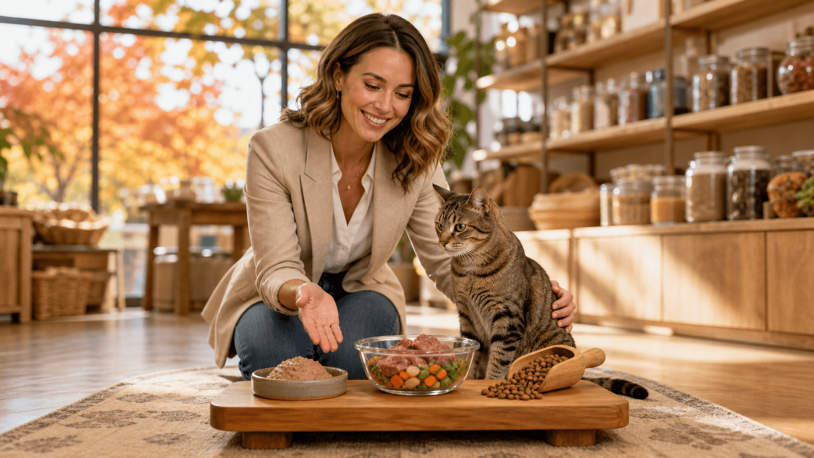 Orange cat beside bowls of wet food, raw meat, and dry kibble against a warm autumn leaf backdrop.