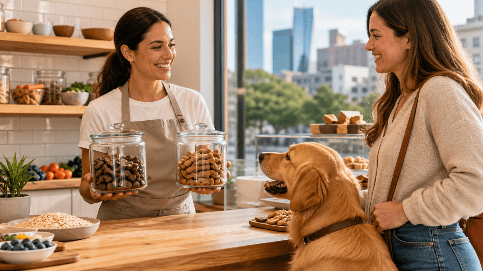 Golden retriever beside bowls of soft and crunchy treats on a sunlit kitchen floor.