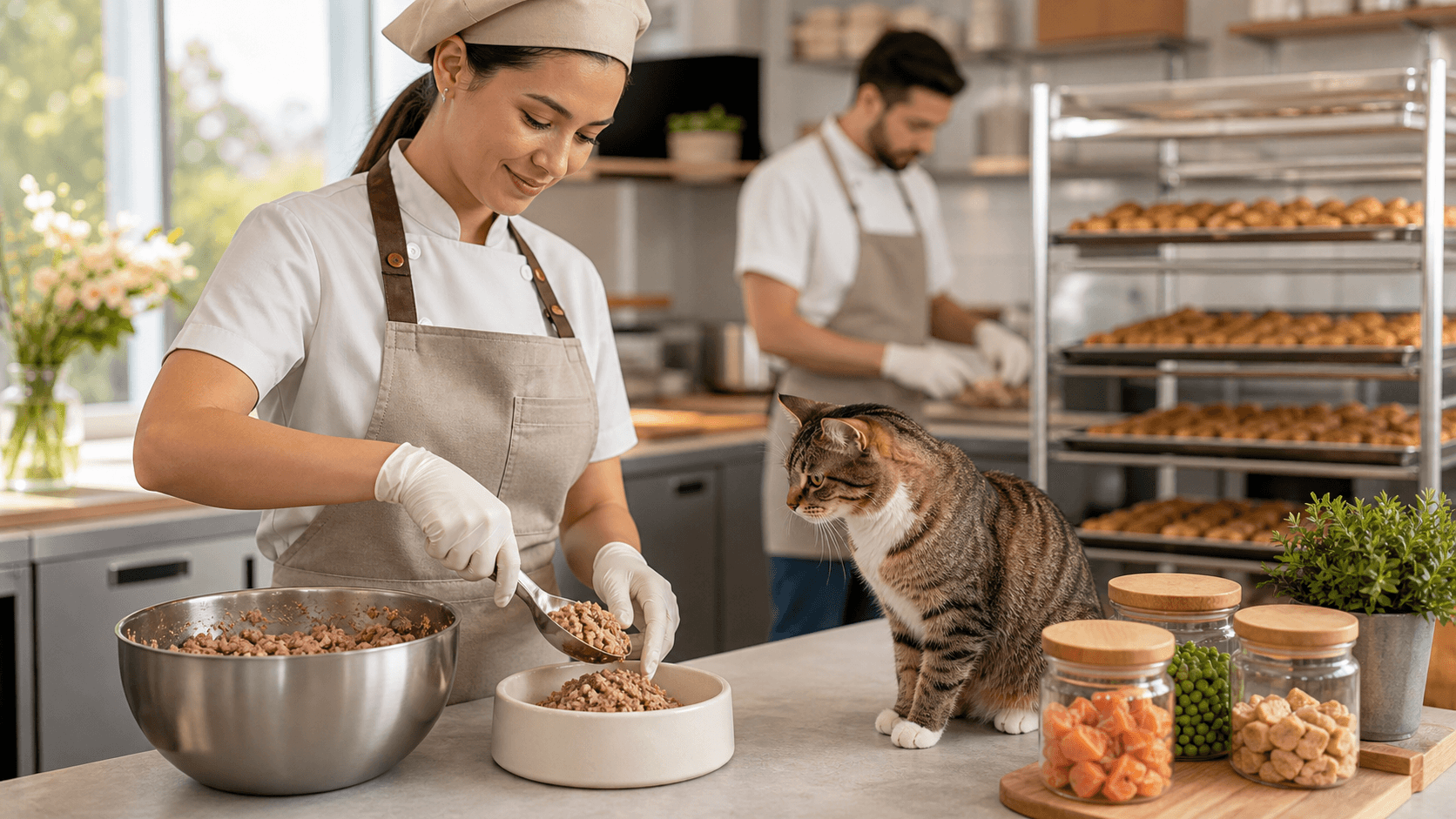 Tabby cat in a sunny kitchen beside two bowls, sniffing fresh kibble while a hand pours food into one bowl.