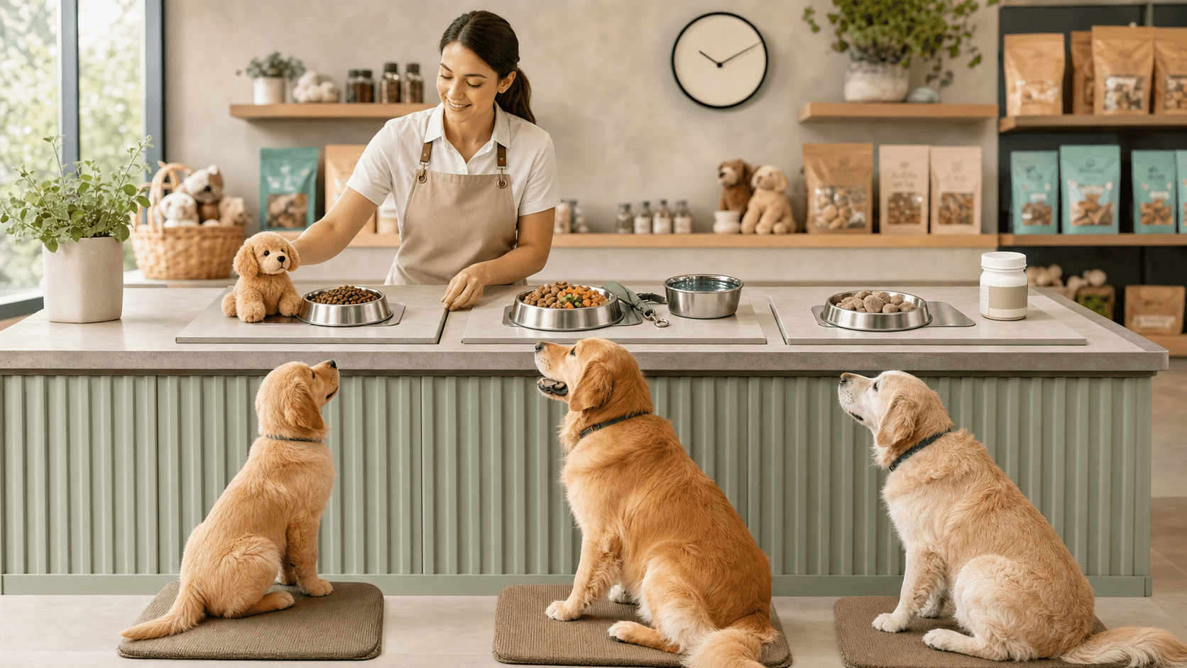Three dogs of different ages sit by colorful treat bowls beside a clock on a bright, clean kitchen floor.