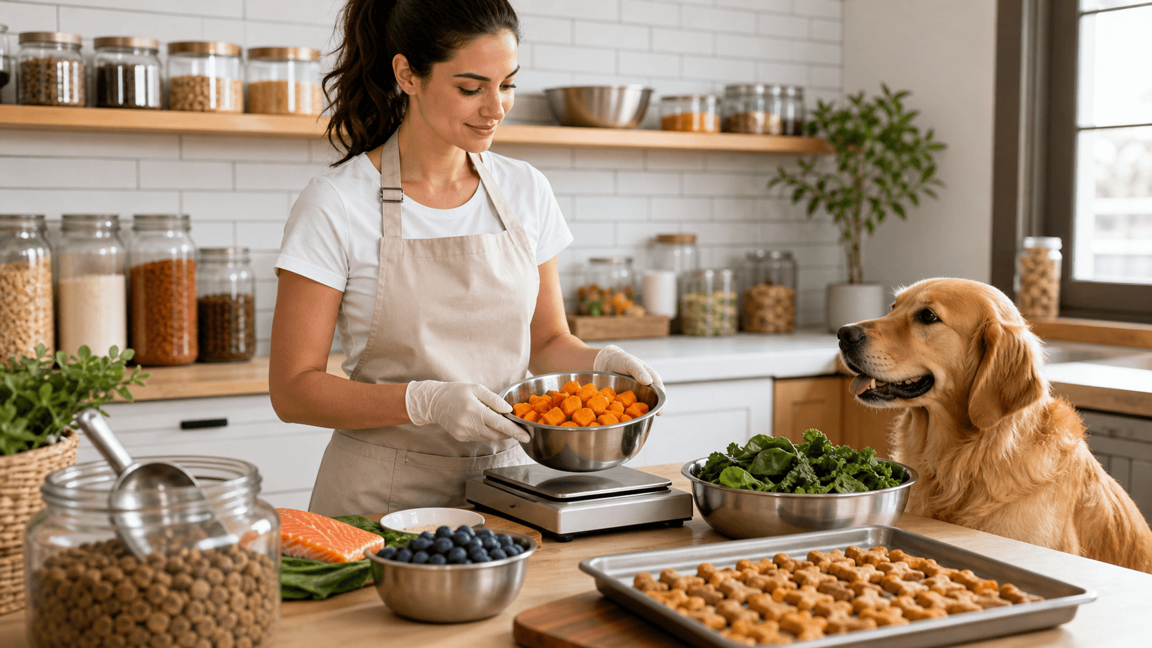Golden retriever beside a wooden bowl of kibble and fresh vegetables on a bright kitchen counter with soft light
