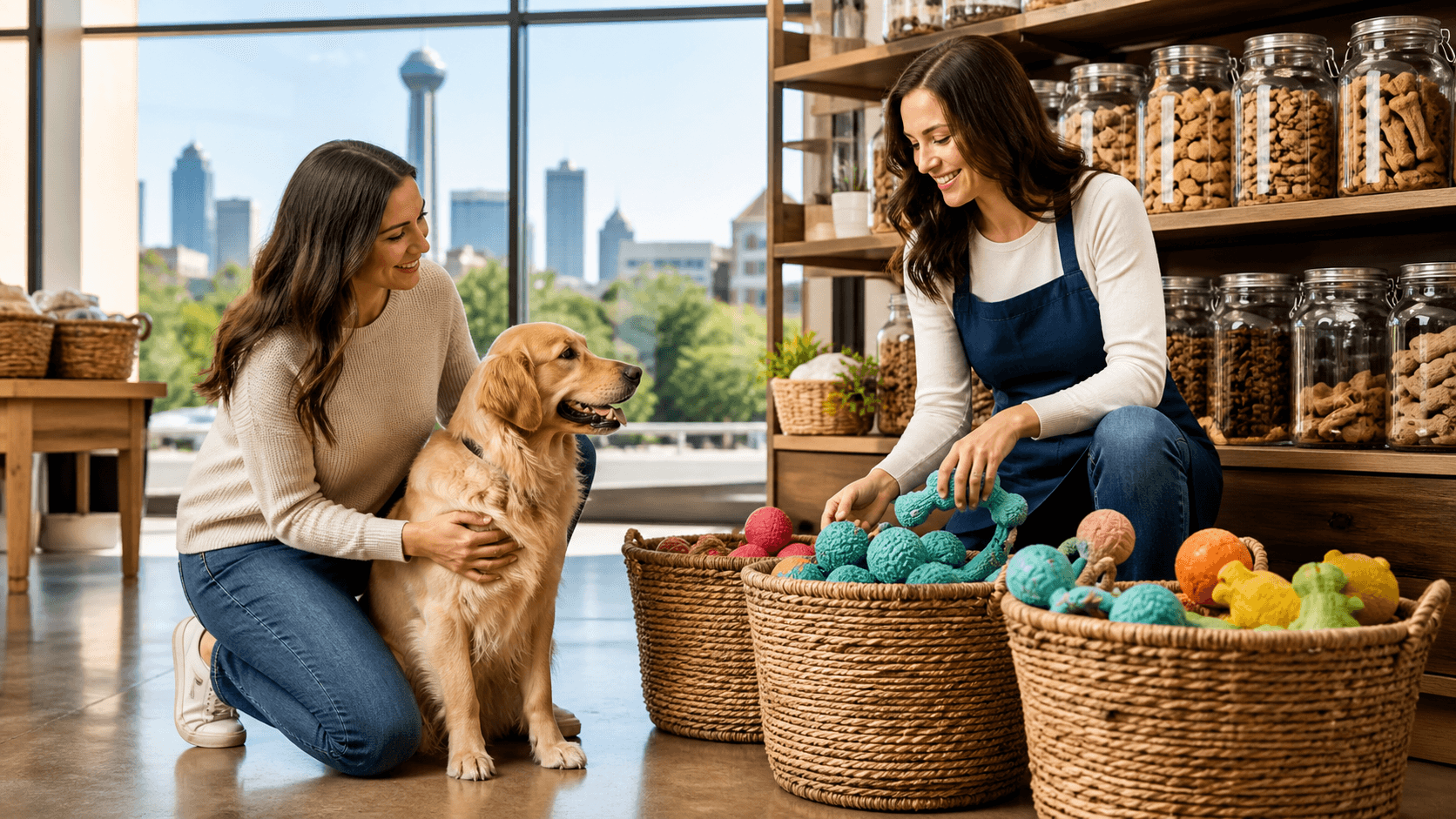 Golden retriever sits beside a wicker toy basket, surrounded by colorful chew toys on a sunlit rug.