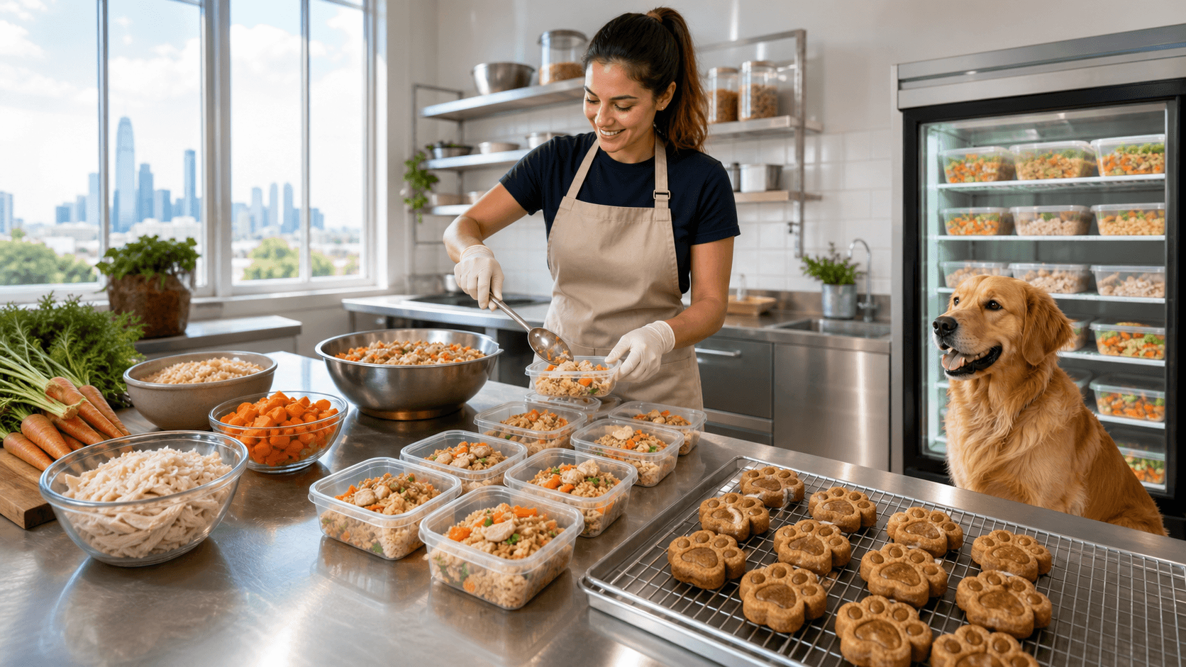 Golden retriever beside a bowl of cooked meat and vegetables on a bright kitchen counter, warm morning light